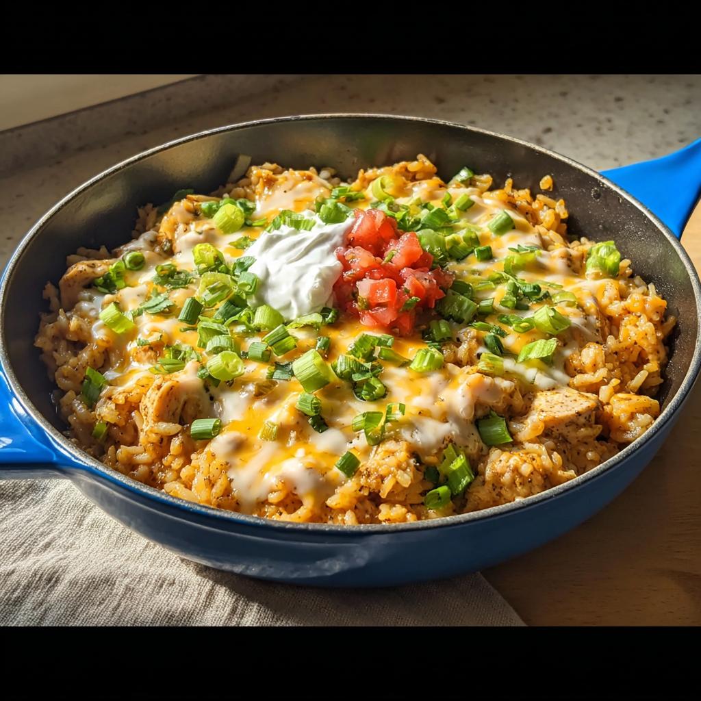A delicious one-pan chicken and rice casserole topped with melted cheese, sour cream, salsa, and green onions, perfect for 5-Ingredient Dinner Ideas.
