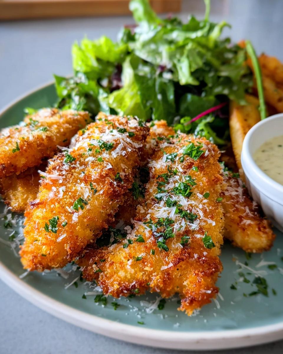 Golden brown, breaded chicken strips sprinkled with Parmesan cheese and parsley, served with a side salad and dipping sauce.