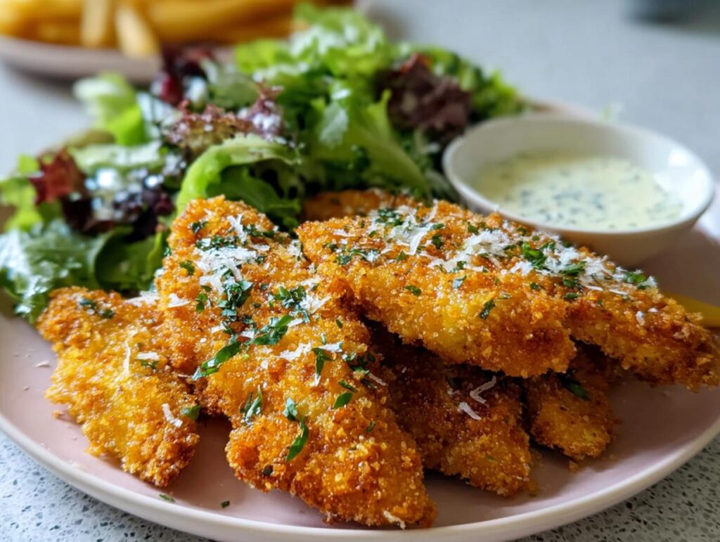 Crispy breaded chicken tenders served with a side salad and dipping sauce, perfect chicken for busy weeknights.