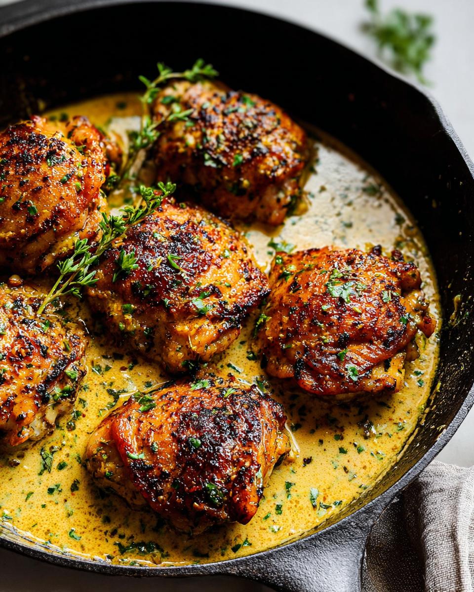 Close-up of juicy pan-seared chicken thighs in a creamy sauce, part of quick chicken thigh recipes.
