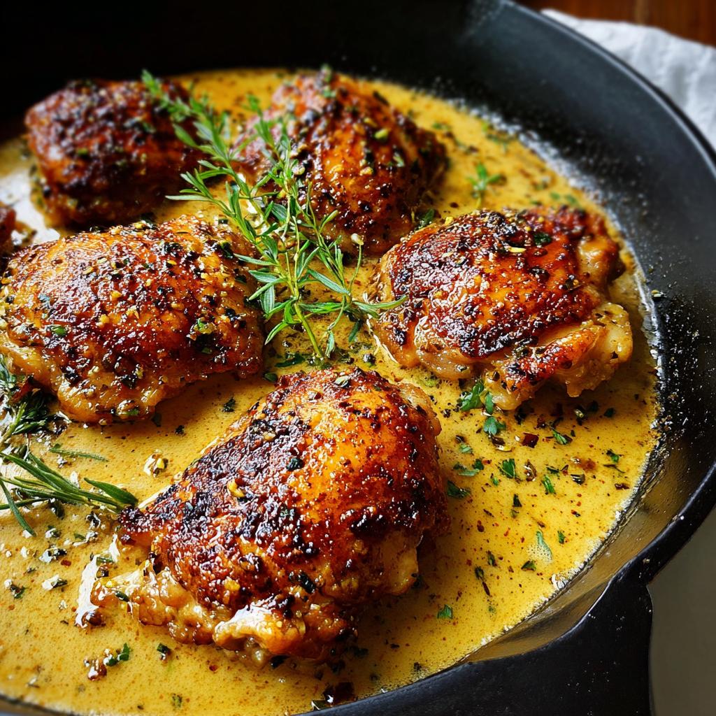 Close-up of pan-seared chicken thighs in a creamy sauce, garnished with herbs. Perfect for quick chicken thigh recipes.
