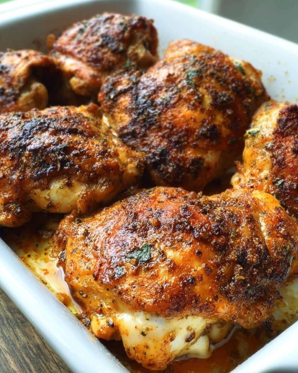 Close-up of perfectly baked chicken thighs in a white dish, seasoned with herbs and spices.