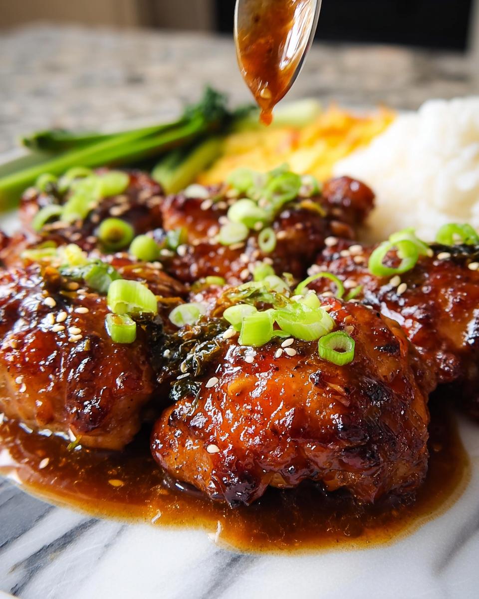 Close-up of sticky glazed chicken thighs, garnished with sesame seeds and green onions, served with rice and greens.