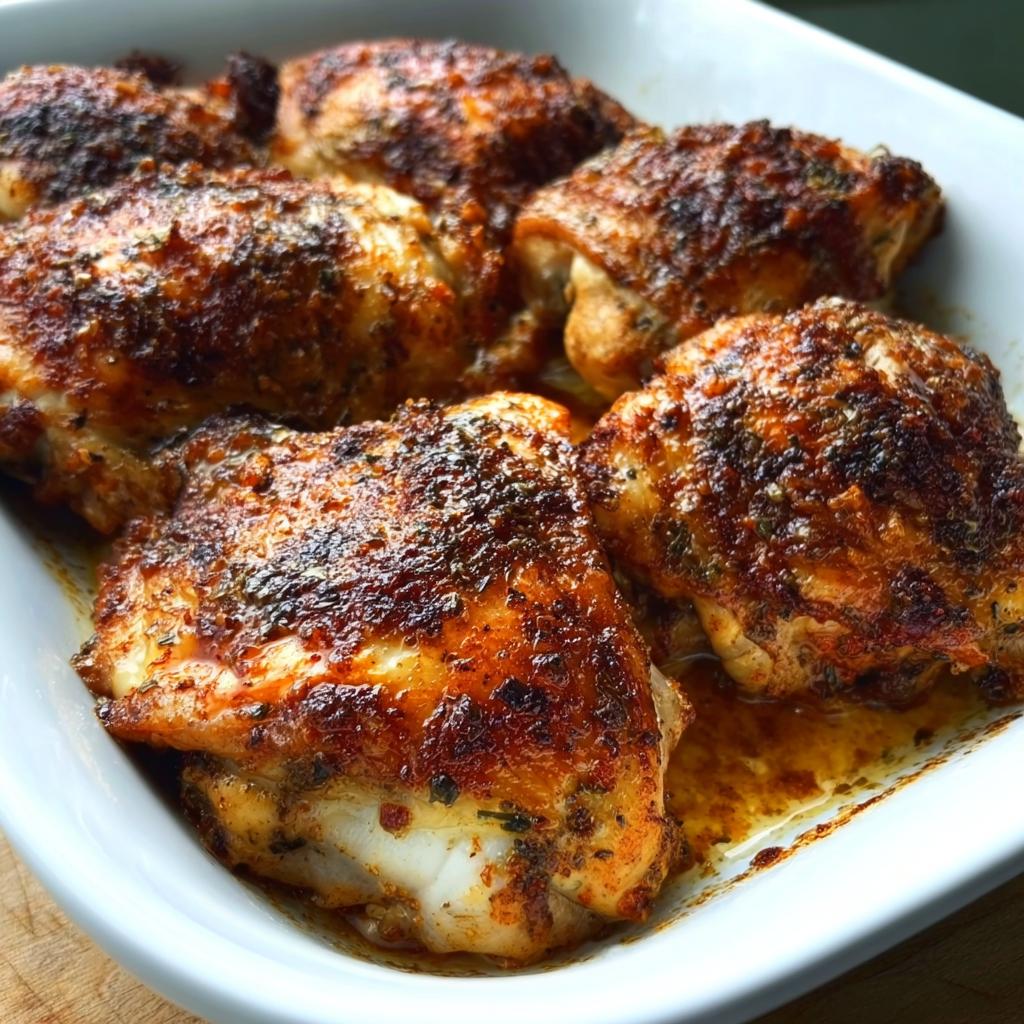 Close-up of perfectly baked chicken thighs recipe in a white dish, with crispy skin and visible herbs.