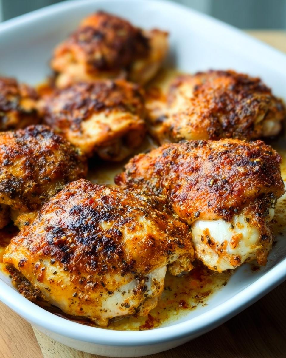 Close-up of perfectly baked chicken thighs in a white dish, seasoned and juicy.