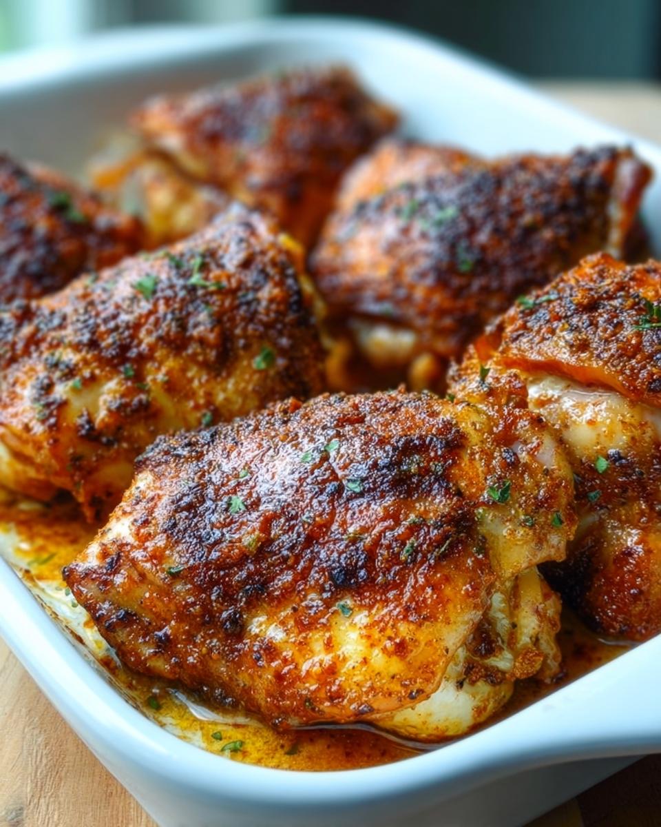 Close-up of juicy, seasoned chicken thighs baked to perfection in a white dish, a recipe everyone asks for.