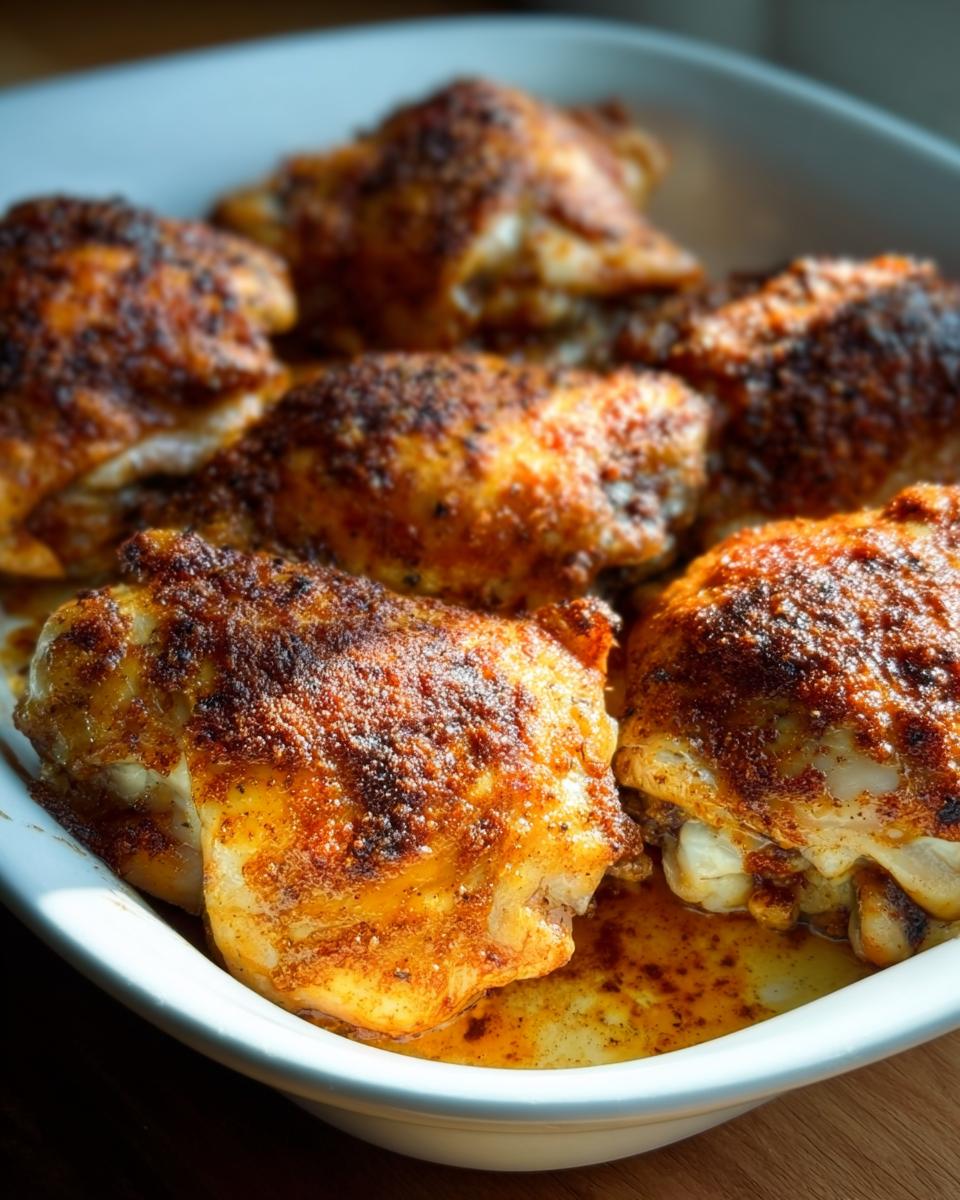 Close-up of juicy baked chicken thighs in a white dish, seasoned with a flavorful spice rub.