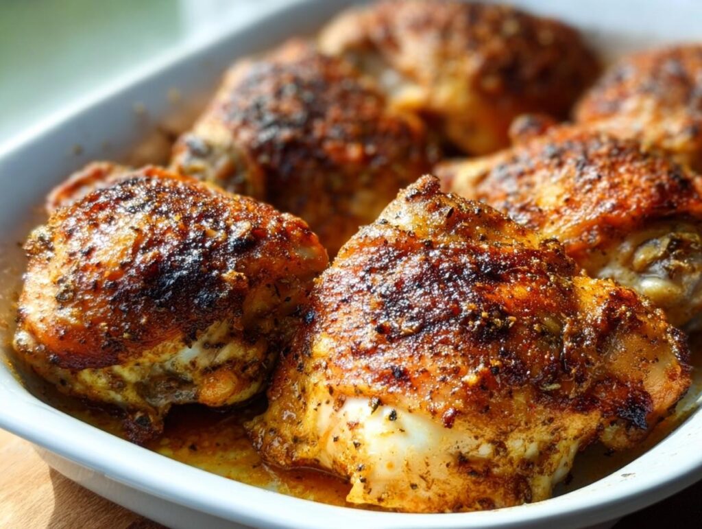 Close-up of perfectly baked chicken thighs recipe everyone asks for, seasoned and golden brown in a white dish.