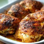 Close-up of perfectly baked chicken thighs recipe everyone asks for, seasoned and golden brown in a white dish.