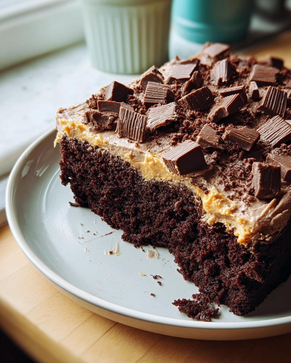 Slice of rich chocolate cake with peanut butter frosting topped with chopped chocolate candies, showing a Box Mix Glow-Up finish.