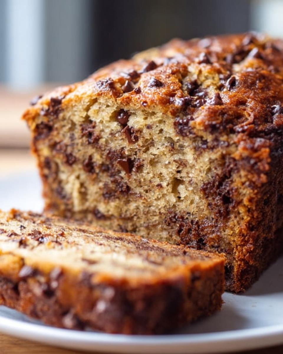 Close-up of a moist Chocolate Chip Banana Bread loaf, with one thick slice cut and resting in front.