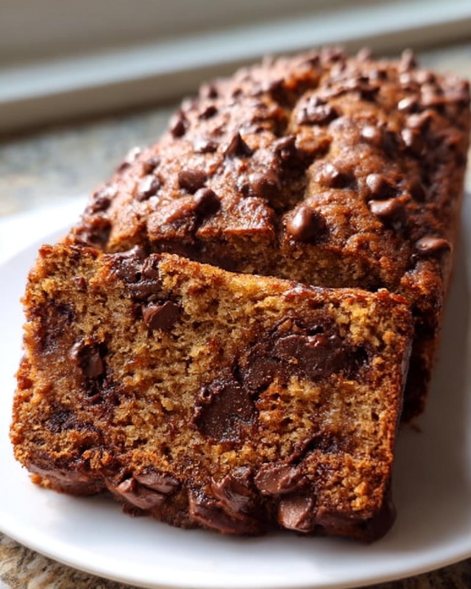 A close-up of moist Chocolate Chip Banana Bread, with one slice cut to show melted chocolate chips inside.