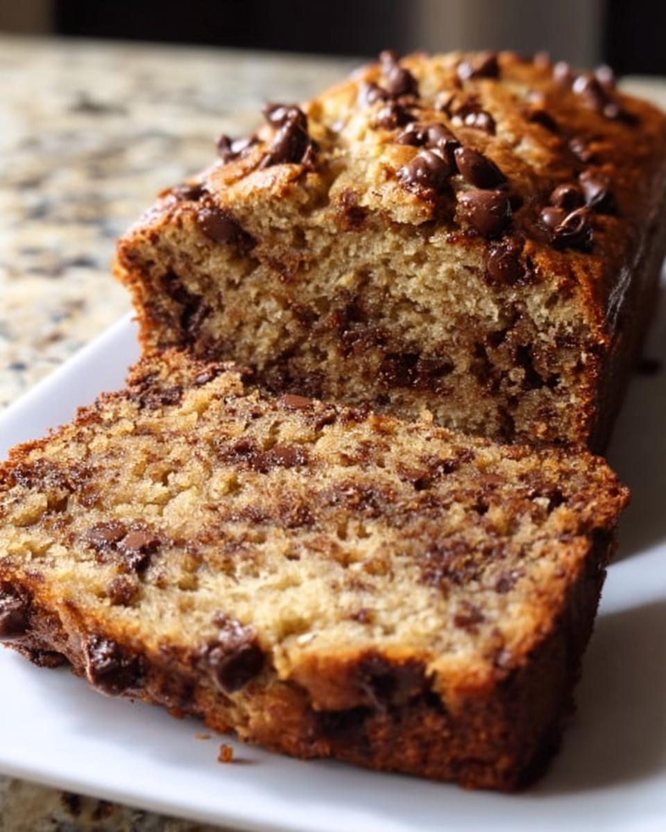 A loaf of moist Chocolate Chip Banana Bread, sliced to show the rich chocolate chips throughout the crumb.