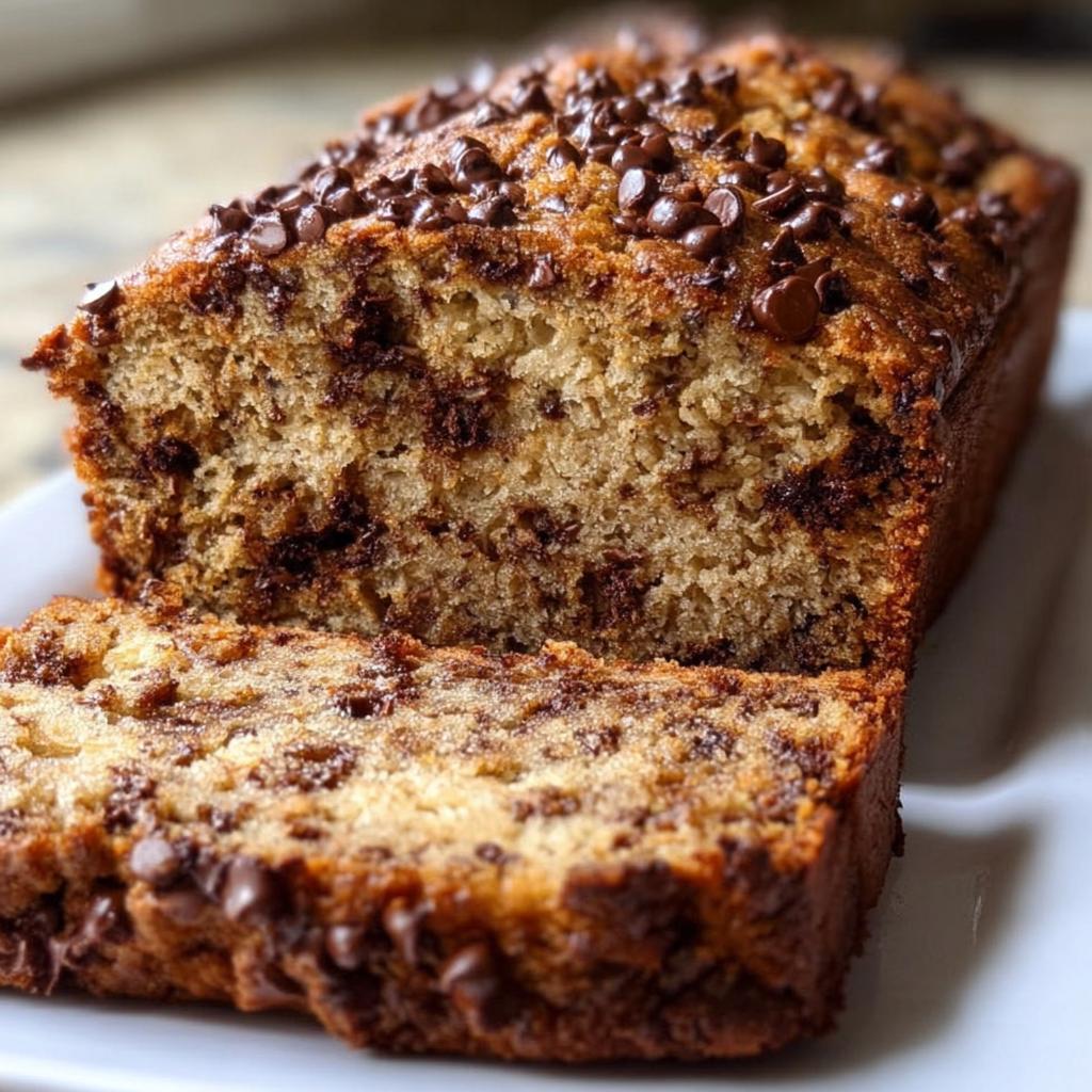 Close-up of a sliced Chocolate Chip Banana Bread loaf topped with melted chocolate chips.