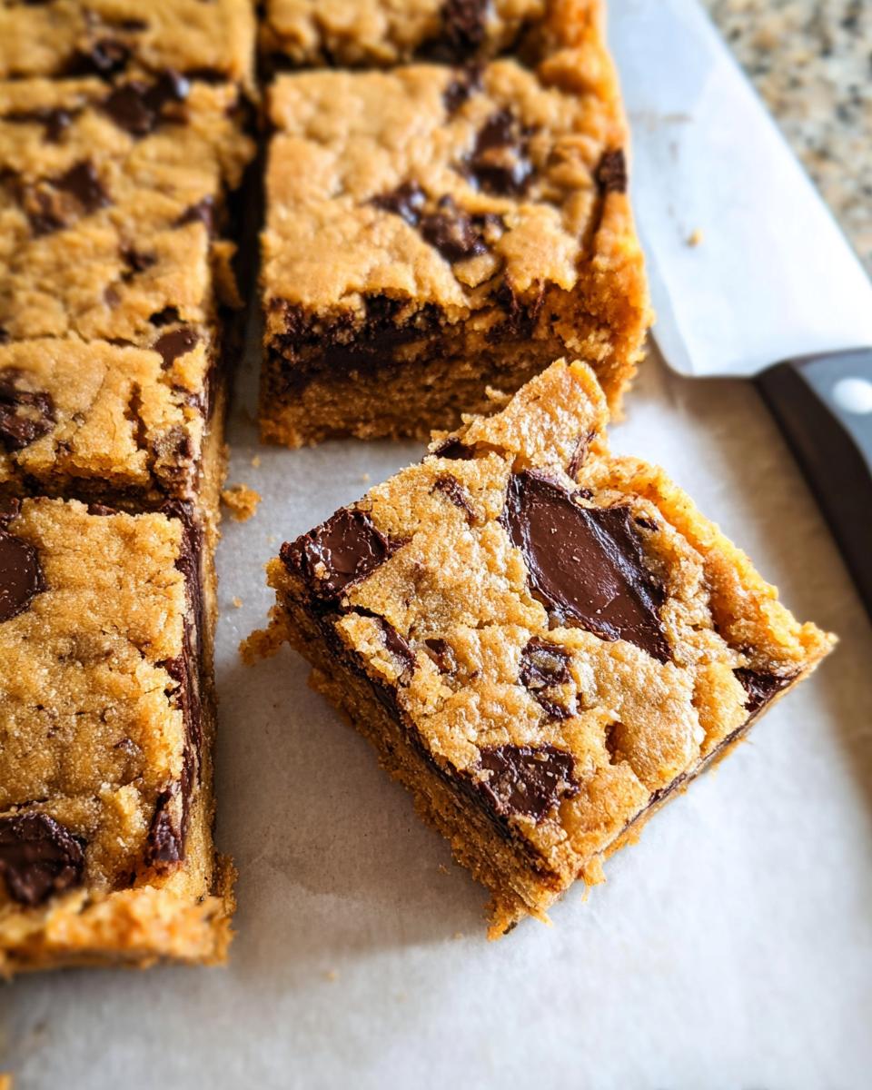 Close-up of thick, chewy chocolate chip bar cookies for a crowd, freshly cut into squares.