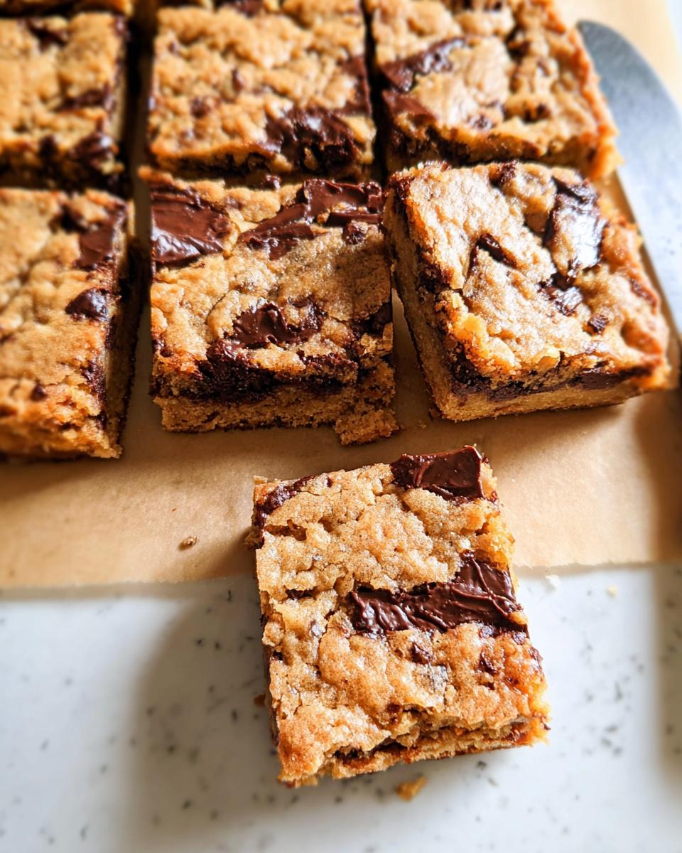 Close-up of freshly cut chocolate chip bar cookies for a crowd, showing gooey melted chocolate chunks.