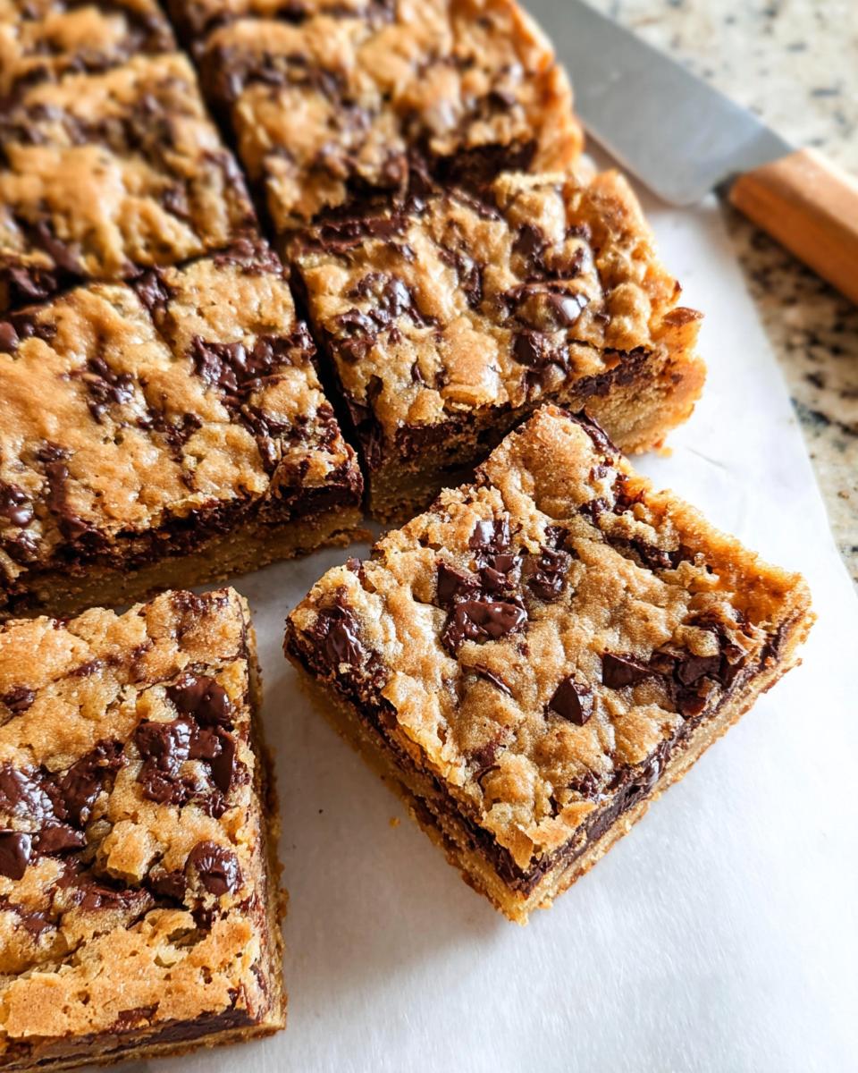 Close-up of freshly cut chocolate chip bar cookies for a crowd, showing thick, gooey centers and a knife nearby.