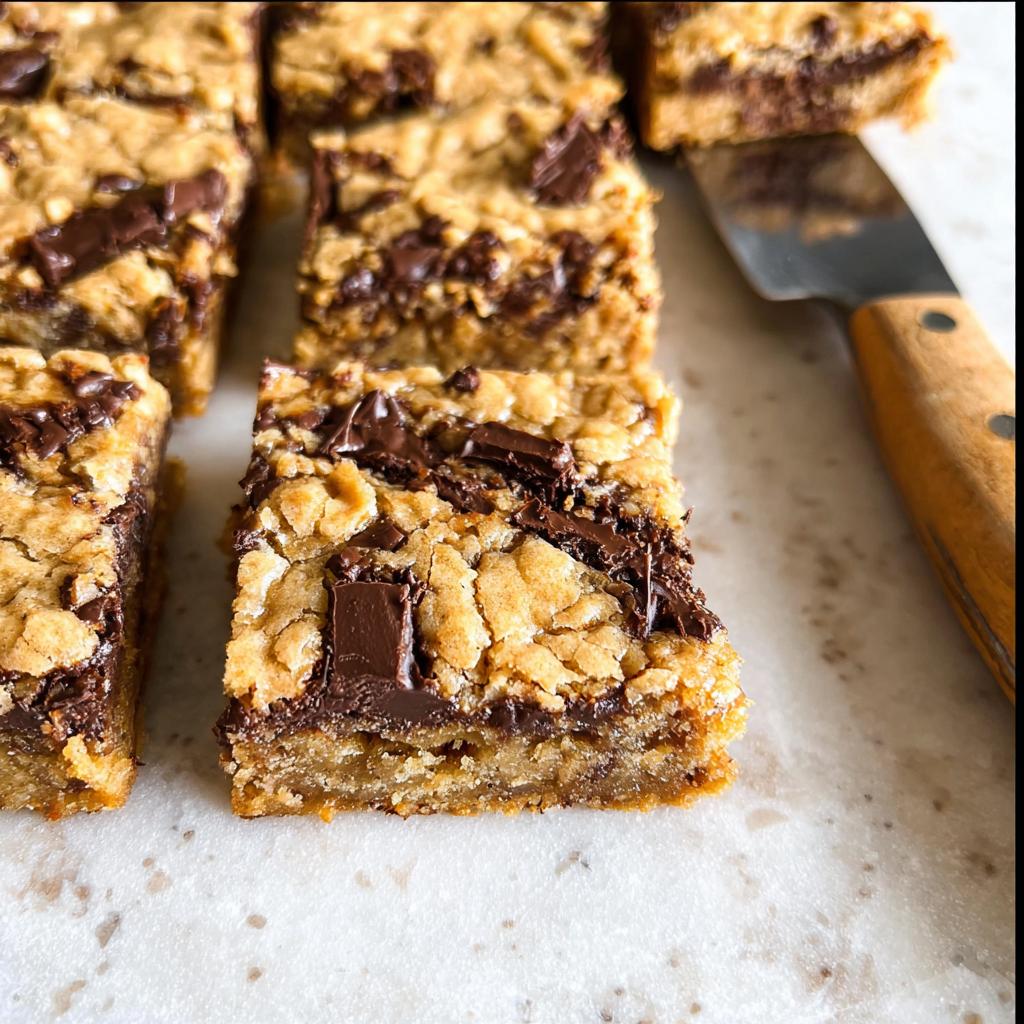 Close-up of freshly cut chocolate chip Bar Cookies for a Crowd with gooey centers and chunks of chocolate.