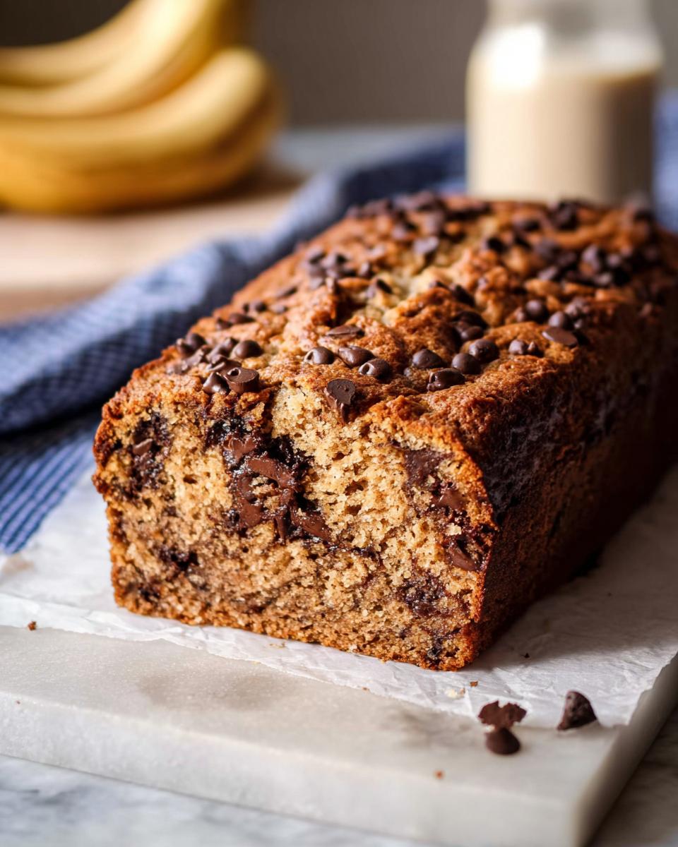 A freshly baked loaf of Healthy Banana Bread (Whole Wheat) studded with chocolate chips, resting on parchment paper.