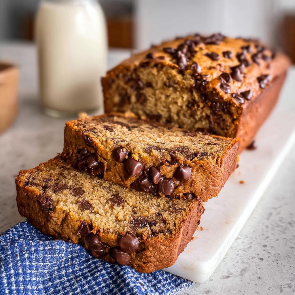 Two thick slices of moist Healthy Banana Bread loaded with chocolate chips, next to the loaf.