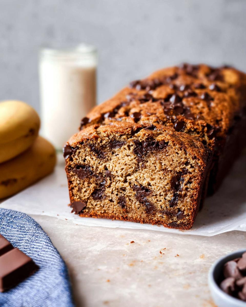 Close-up of a loaf of Healthy Banana Bread (Whole Wheat) studded with chocolate chips, sliced to show the moist interior.
