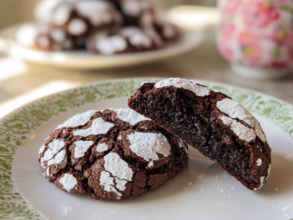 Two decadent Chocolate Crinkle Cookies on a plate, one whole and one cut in half showing the rich, dark interior.
