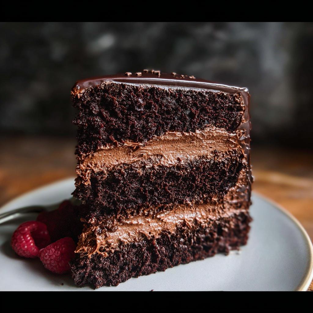 A decadent slice of Chocolate Mousse Layer Cake showing three dark chocolate cake layers and two layers of creamy chocolate mousse filling.