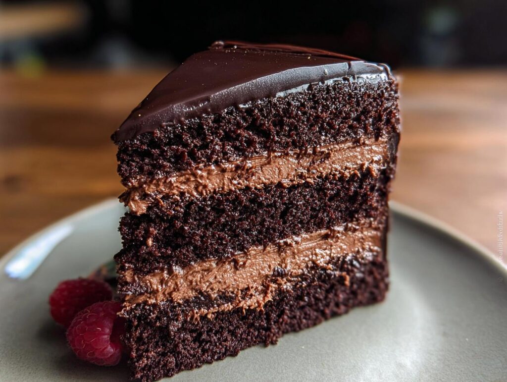 Close-up of a decadent slice of Chocolate Mousse Layer Cake showing three dark cake layers and two layers of mousse filling.