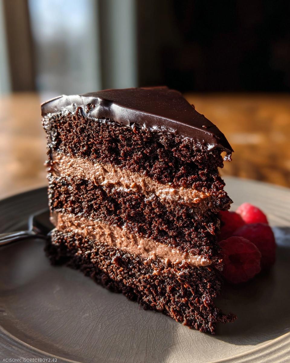 A tall slice of rich Chocolate Mousse Layer Cake featuring dark layers and light mousse filling, topped with shiny ganache.
