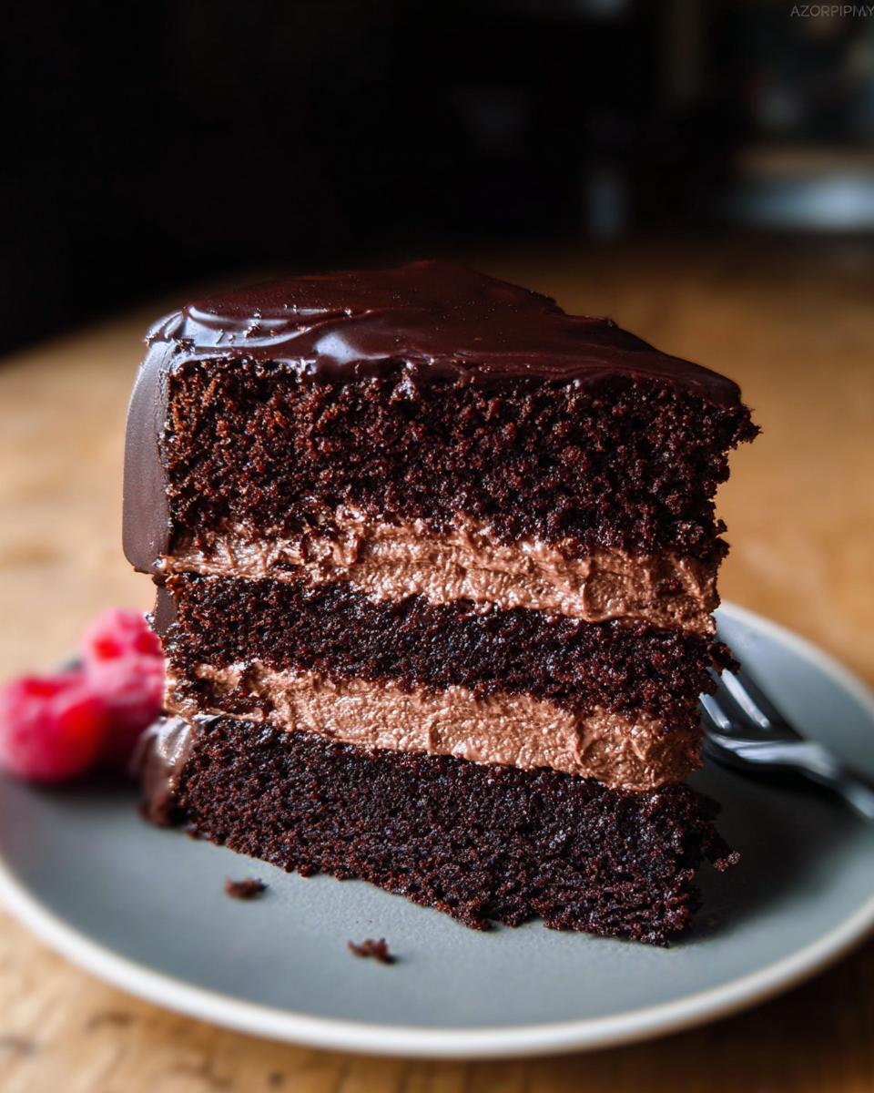 A tall slice of Chocolate Mousse Layer Cake showing three dark chocolate cake layers and two layers of light brown mousse filling.