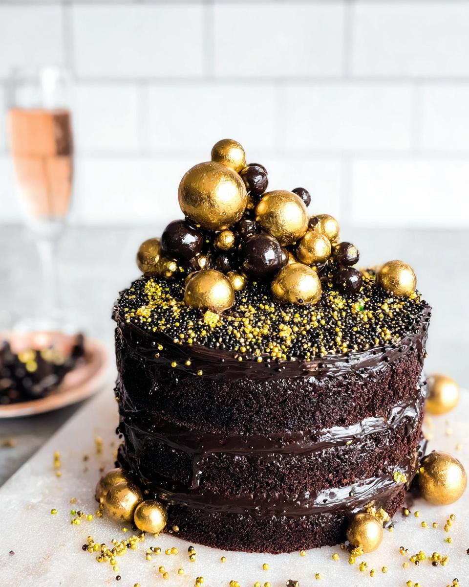 A rich, three-layer chocolate cake decorated with gold and black sprinkles and large gold edible balls, perfect for New Year’s Eve Cakes.