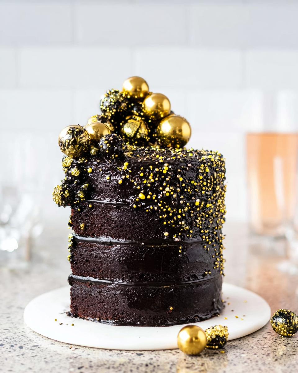 A tall, dark chocolate layer cake decorated with gold sprinkles and edible gold spheres for New Year’s Eve Cakes.