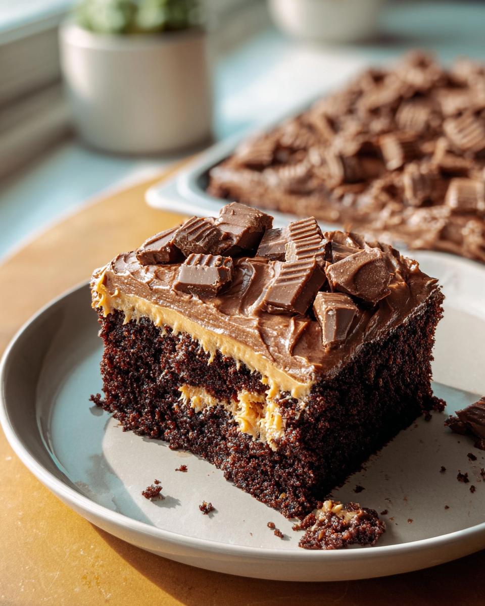 A rich slice of chocolate cake with peanut butter filling, chocolate frosting, and chopped peanut butter cups, a perfect Box Mix Glow-Up.