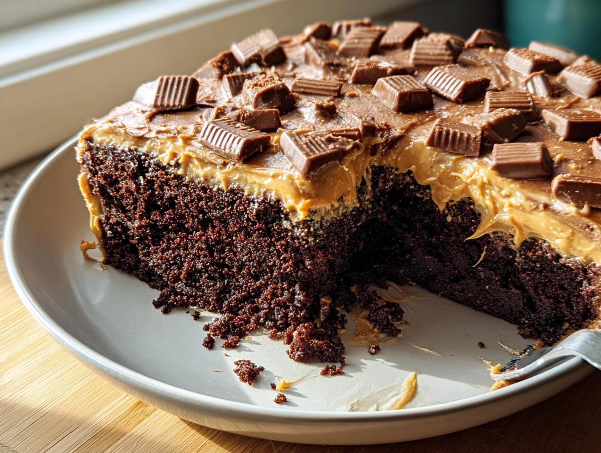Close-up of a rich chocolate cake slice topped with peanut butter frosting and chopped peanut butter cups for a Box Mix Glow-Up.