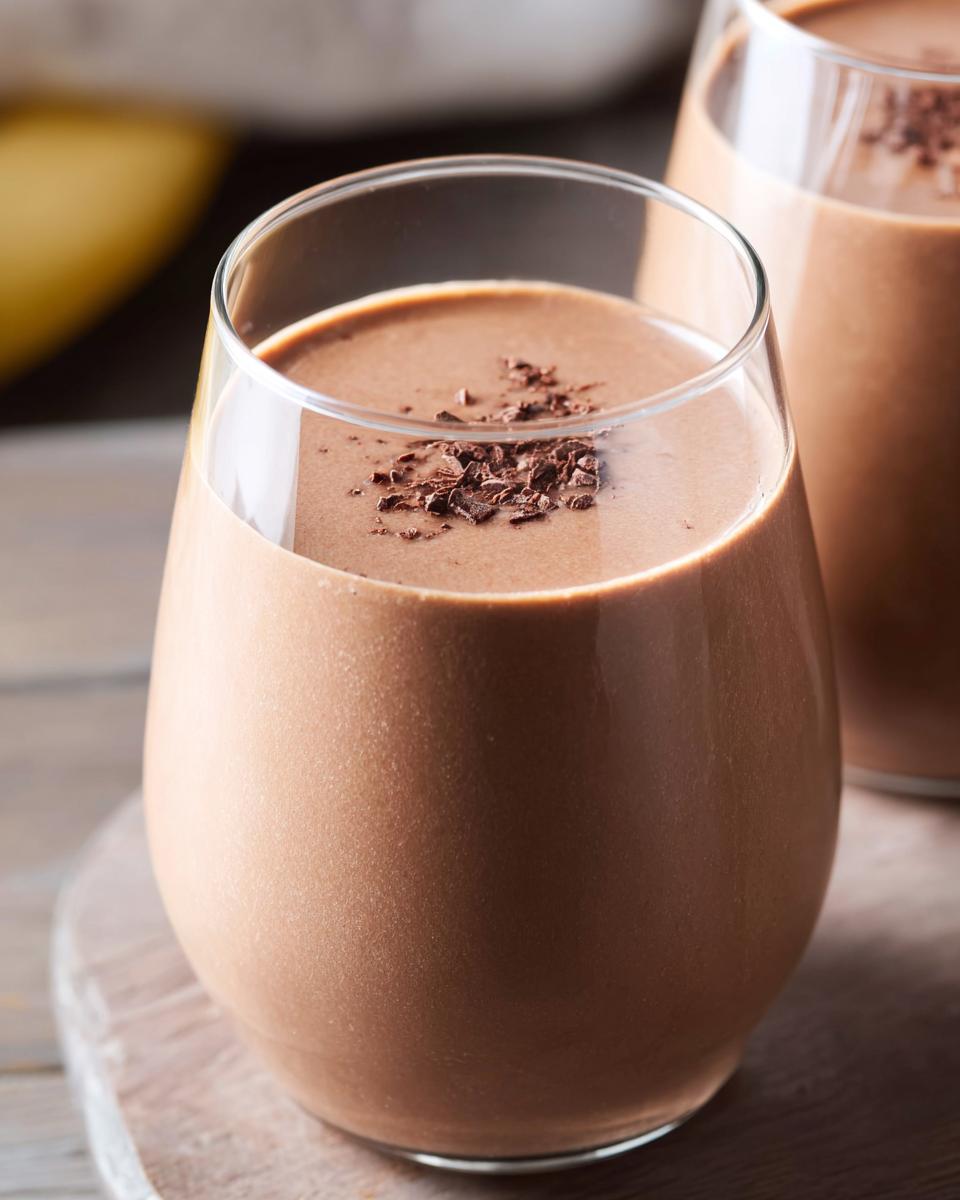 Close-up of a creamy Chocolate Peanut Butter Smoothie garnished with chocolate shavings.