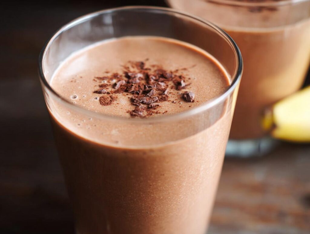 Close-up of a creamy Chocolate Peanut Butter Smoothie topped with chocolate shavings in a clear glass.