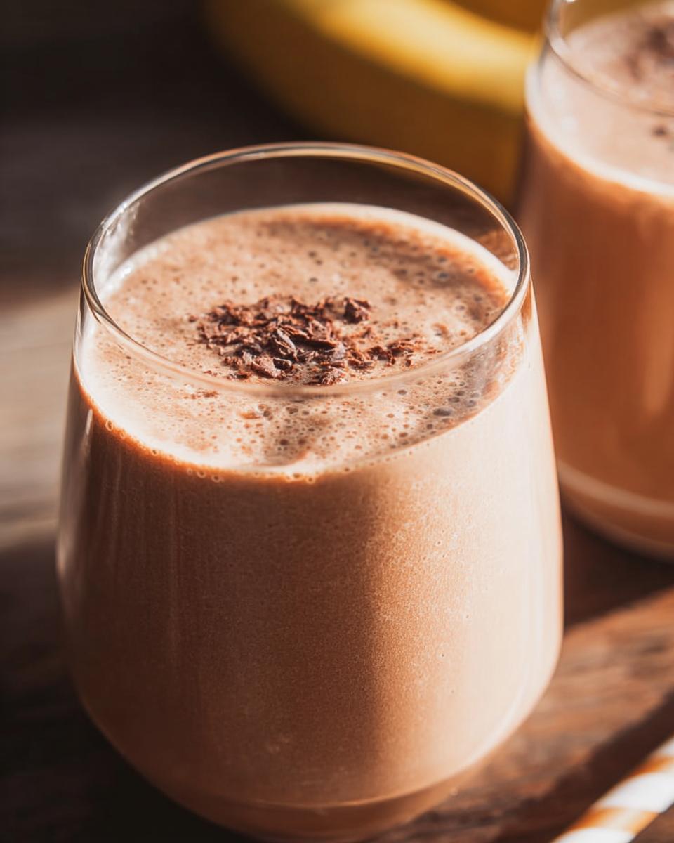 Close-up of a creamy Chocolate Peanut Butter Smoothie topped with chocolate shavings.