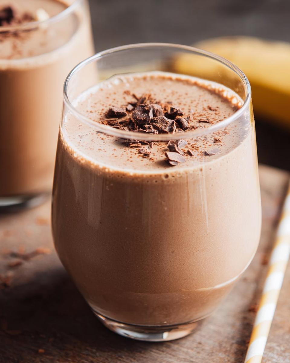 Close-up of a thick Chocolate Peanut Butter Smoothie topped with chocolate shavings in a clear glass.