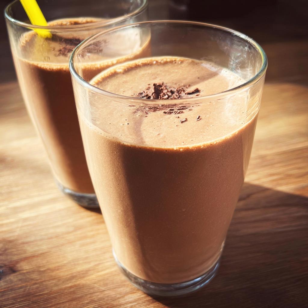 Two glasses of thick, creamy Chocolate Peanut Butter Smoothie topped with chocolate shavings on a wooden table.