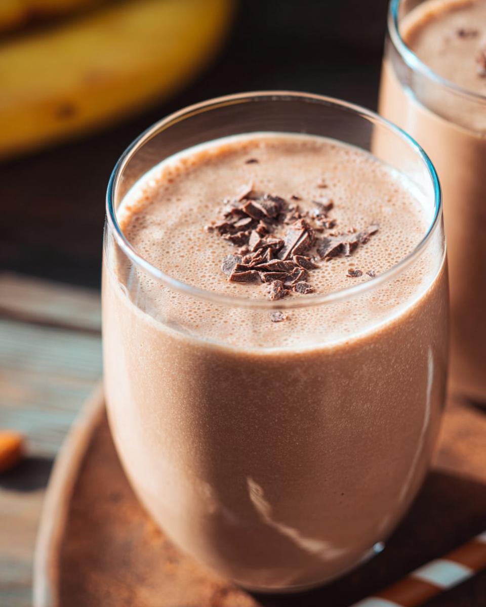 Close-up of a creamy Chocolate Peanut Butter Smoothie topped with dark chocolate shavings.