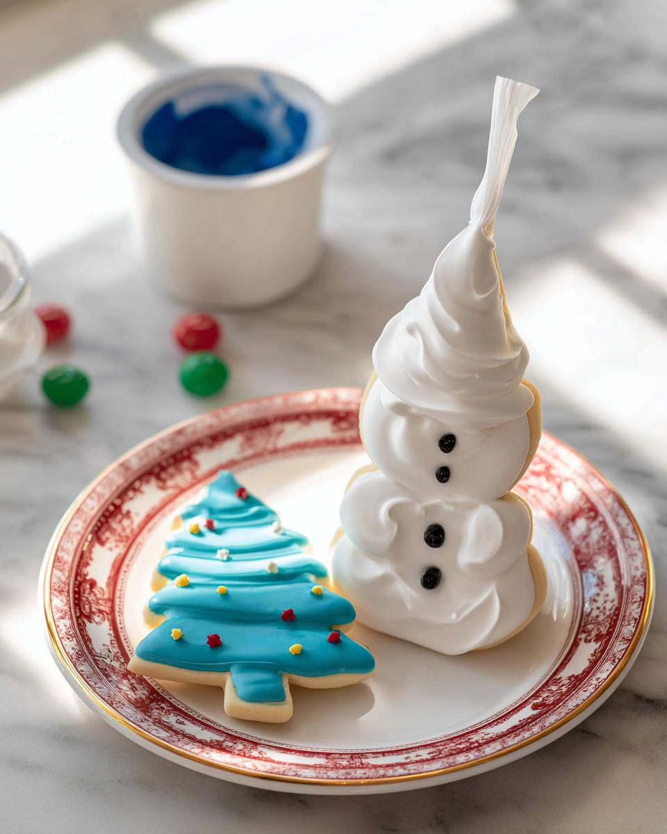 Two Christmas cookies, a blue tree and a snowman being piped with white Royal Icing for Decorated Cookies.