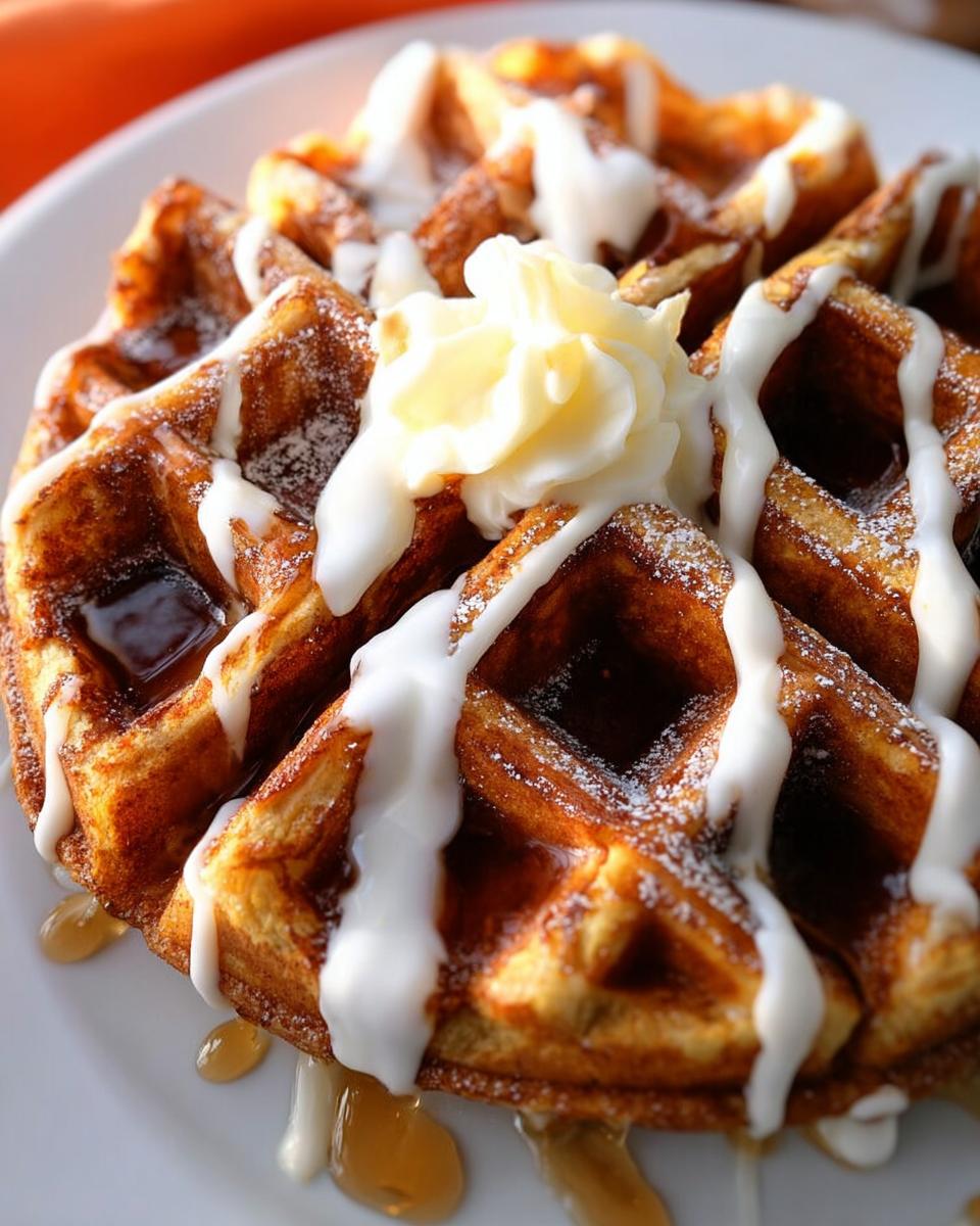 A close-up of a golden brown Cinnamon Roll Waffles topped with cream cheese icing, butter, and powdered sugar.