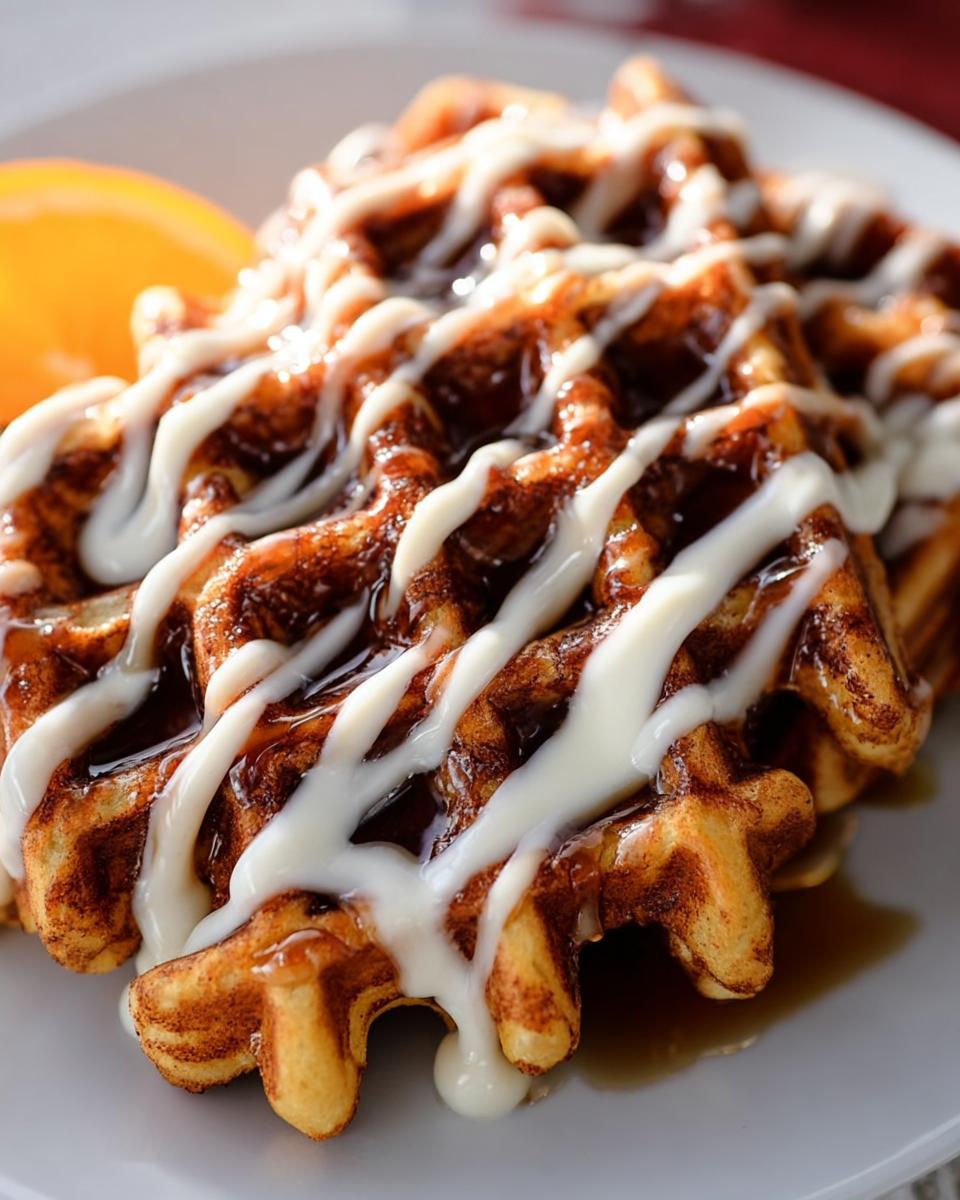 Close-up of delicious Cinnamon Roll Waffles drizzled with white icing and cinnamon glaze.