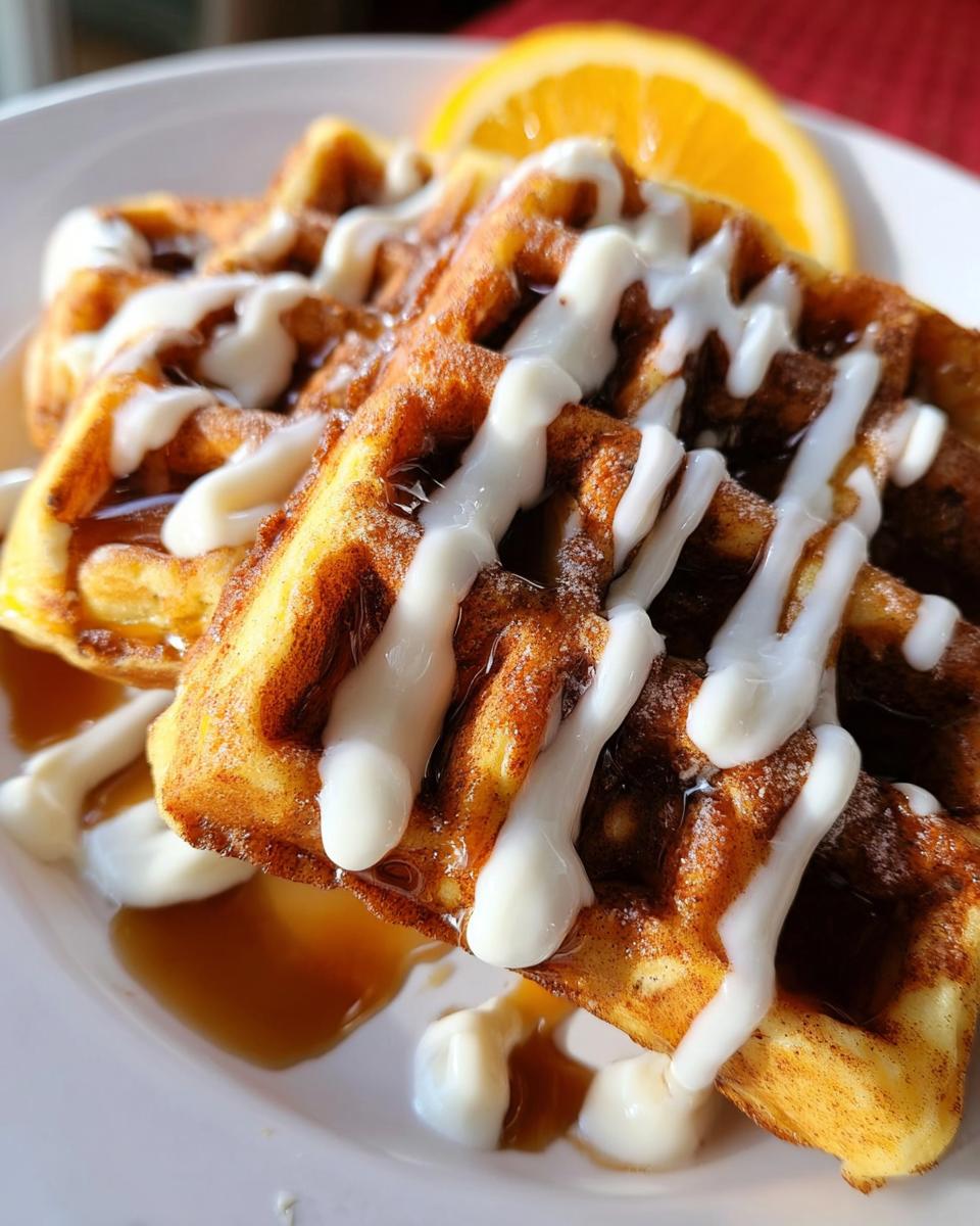 Two golden Cinnamon Roll Waffles drizzled heavily with white cream cheese icing and syrup, garnished with an orange slice.