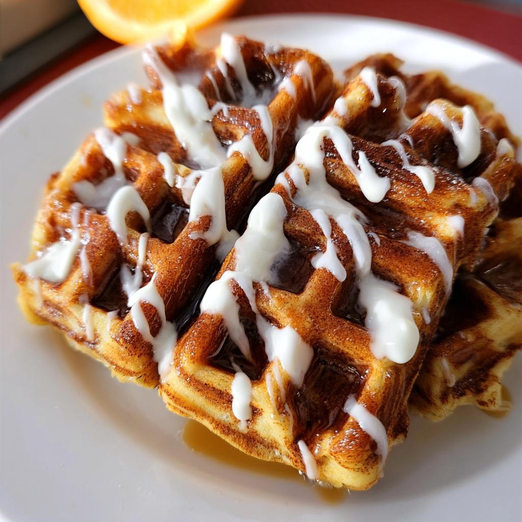 Close-up of warm Cinnamon Roll Waffles drizzled generously with white cream cheese icing on a white plate.