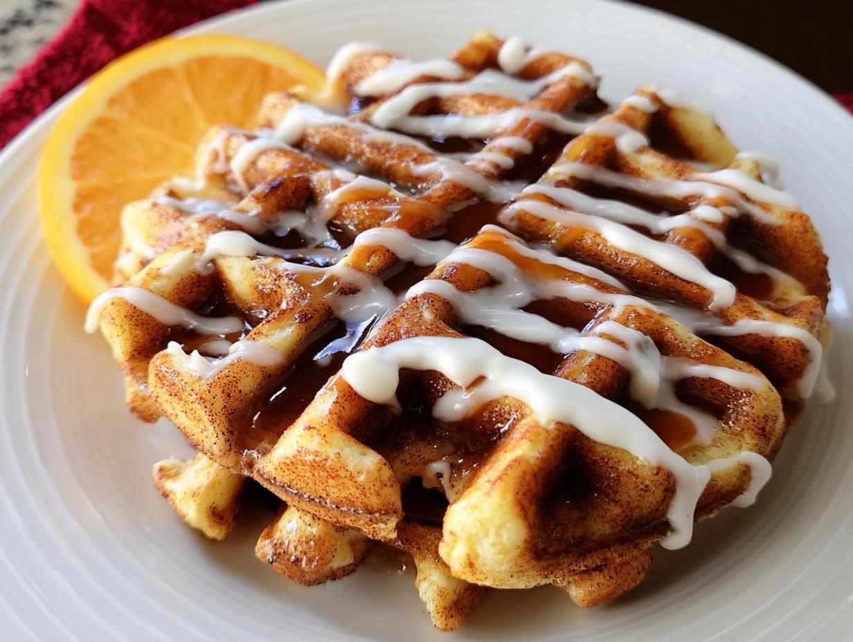 Close-up of a stack of golden Cinnamon Roll Waffles topped with white icing and caramel sauce, garnished with an orange slice.