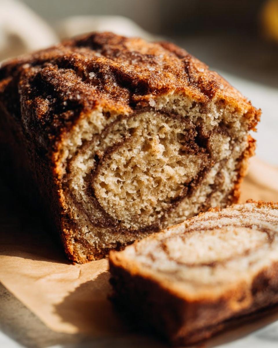 Close-up of a freshly baked Cinnamon Swirl Banana Bread loaf with a slice cut, showing the distinct cinnamon swirl pattern inside.
