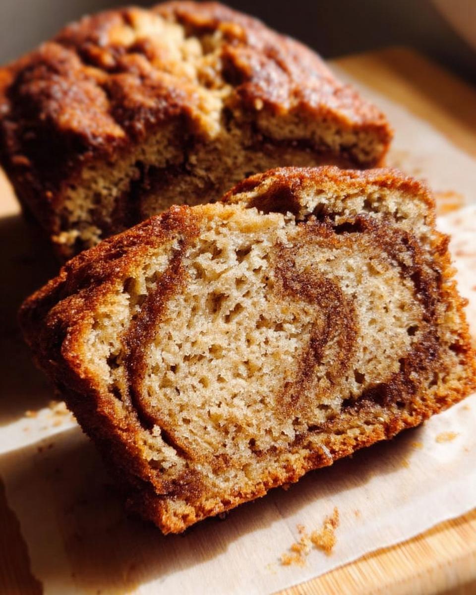 Close-up of a thick slice of Cinnamon Swirl Banana Bread showing a distinct, beautiful cinnamon swirl pattern inside.