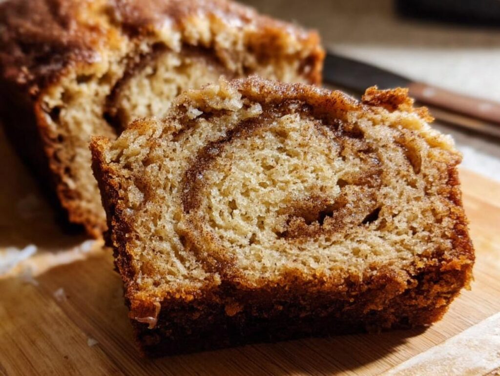 Close-up of a moist slice of Cinnamon Swirl Banana Bread showing the distinct cinnamon swirl pattern inside.