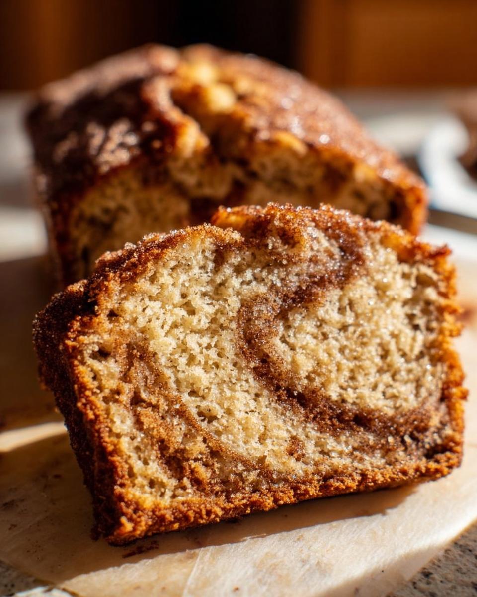 Close-up of a thick slice of Cinnamon Swirl Banana Bread showing the moist crumb and dark cinnamon swirl.